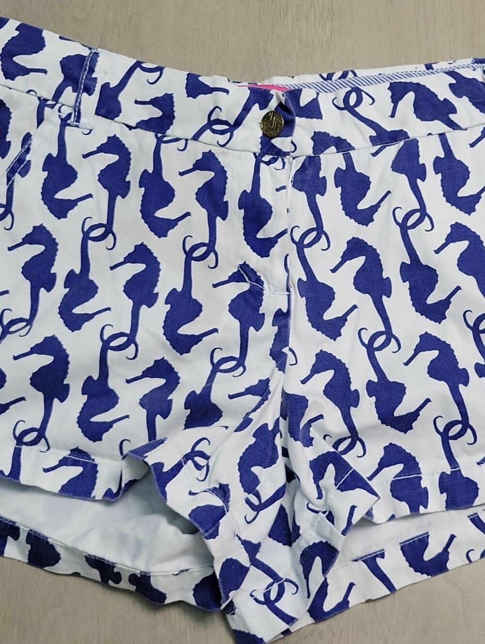 Macbeth Collection by Margaret Josephs White Shorts with Blue Seahorse Print